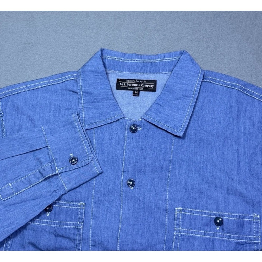 J Peterman Shirt Mens M Blue Chambray Work Shirt Utility Normcore USA NWOT